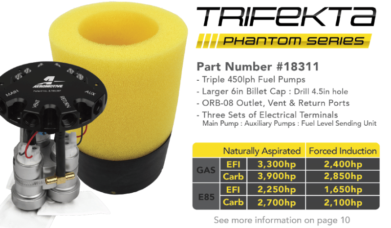 Aeromotive Fuel Pump - Phantom Trifekta Universal In-Tank - 450lph - 6-10in Depth - Mo-Moto