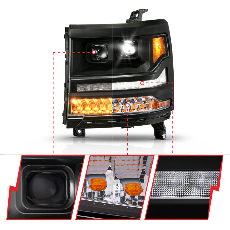 ANZO 16-18 Chevy Silverado 1500 (Factory HID Models ONLY) Full LED Proj Headlights Black - Pair - Mo-Moto