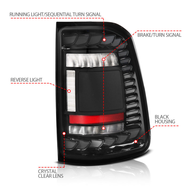 ANZO 19-24 RAM 1500 (Factory Halogen Models) Full LED Tail Lights SeqSig Black - Pair - Mo-Moto