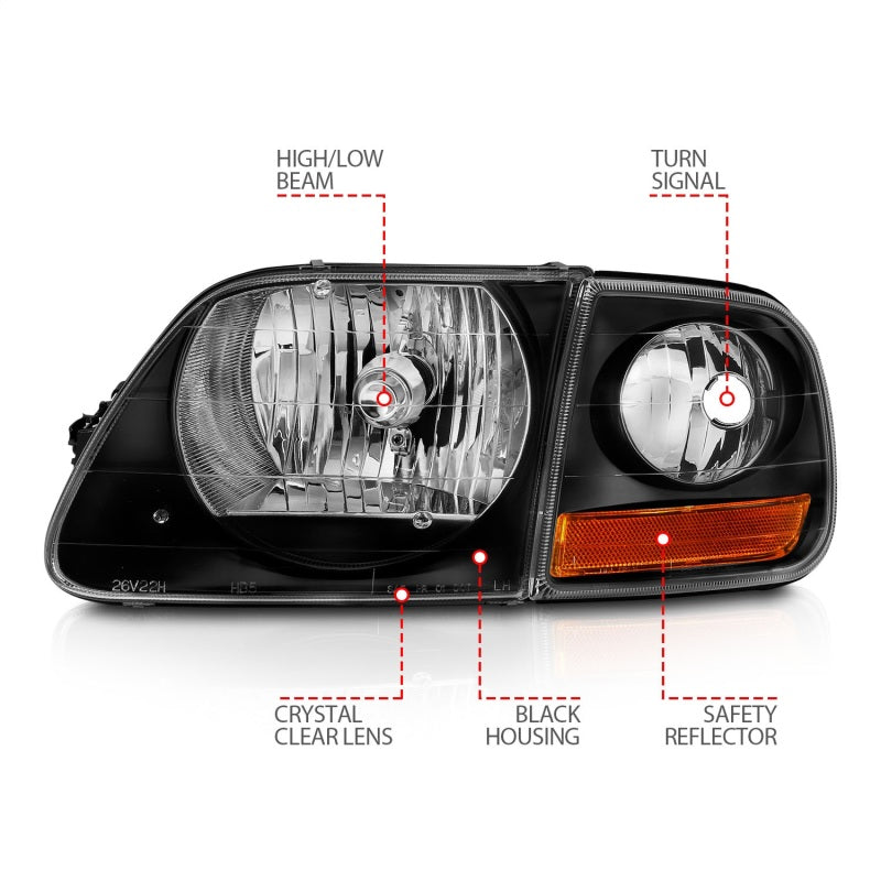 ANZO 1997-2003 Ford F150 Crystal Headlight Black w/ Parking Light - Mo-Moto