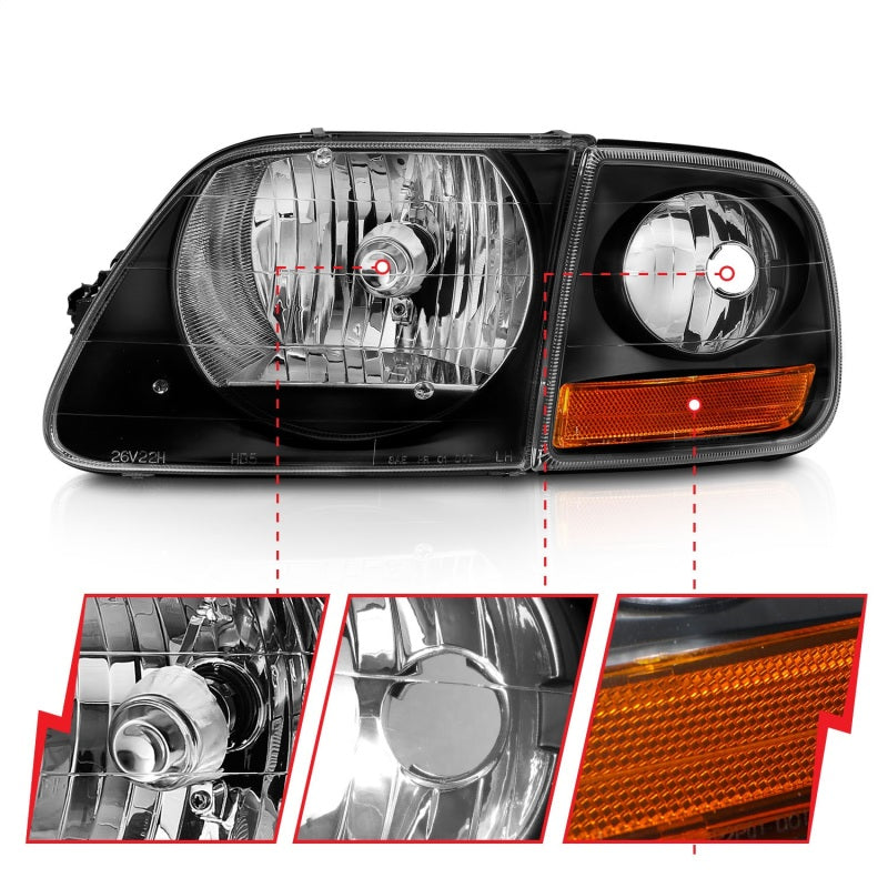 ANZO 1997-2003 Ford F150 Crystal Headlight Black w/ Parking Light - Mo-Moto