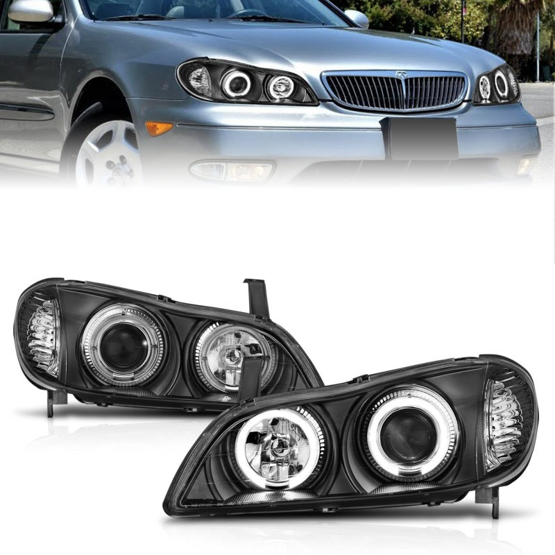 ANZO 2000-2004 Infiniti I30 Projector Headlights w/ Halo Black - Mo-Moto