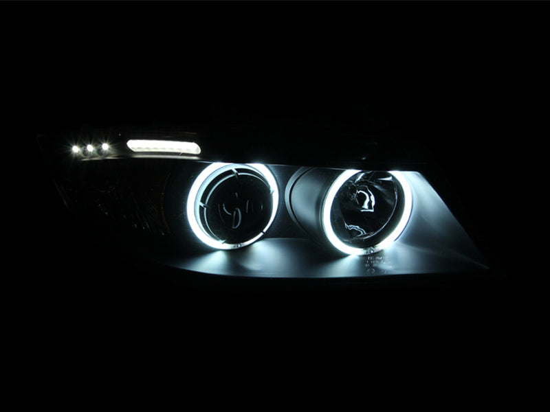 ANZO 2006-2008 BMW 3 Series E90-E91 Projector Headlights w/ Halo w/ LED Bar Black (CCFL) - Mo-Moto