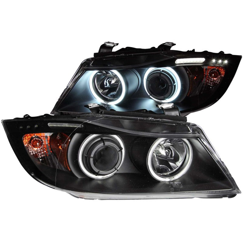 ANZO 2006-2008 BMW 3 Series E90-E91 Projector Headlights w/ Halo w/ LED Bar Black (CCFL) - Mo-Moto