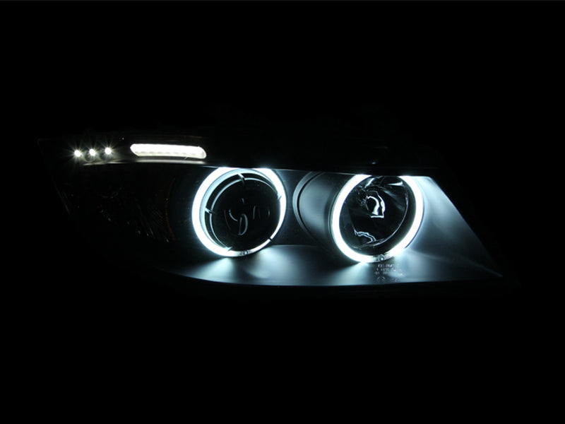 ANZO 2006-2008 BMW 3 Series E90-E91 Projector Headlights w/ Halo w/ LED Bar Black (CCFL) - Mo-Moto