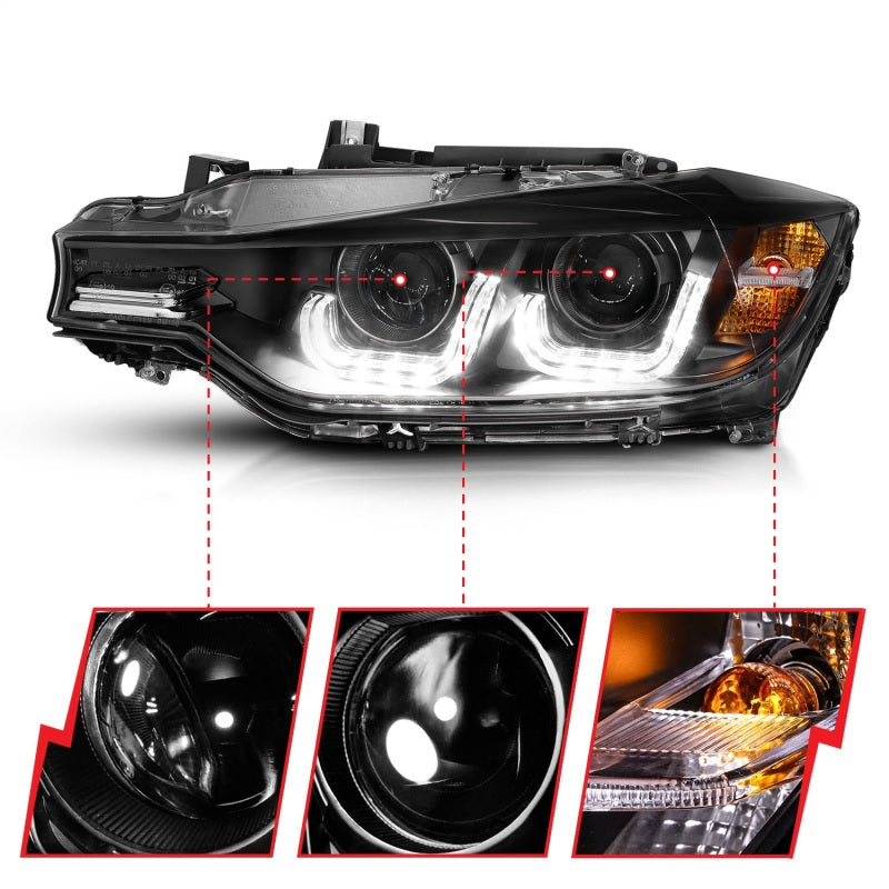 ANZO 2012-2015 BMW 3 Series Projector Headlights w/ U-Bar Black - Mo-Moto