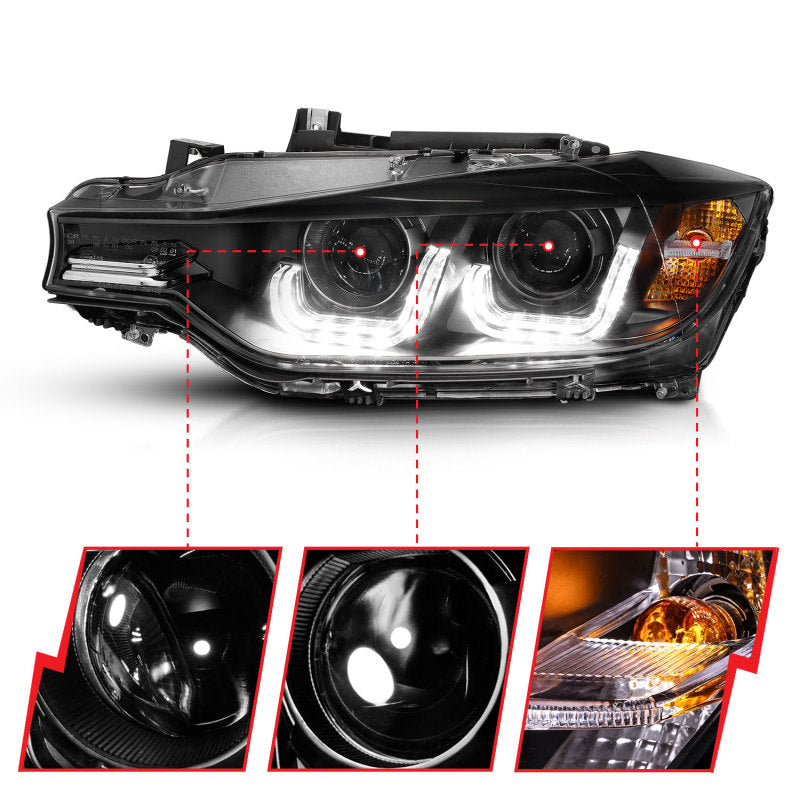 ANZO 2012-2015 BMW 3 Series Projector Headlights w/ U-Bar Black - Mo-Moto