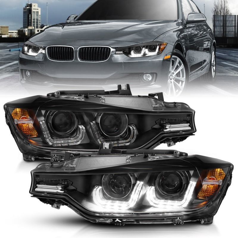 ANZO 2012-2015 BMW 3 Series Projector Headlights w/ U-Bar Black - Mo-Moto