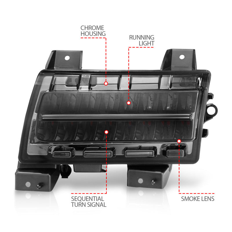 ANZO 2018-2021 Jeep Wrangler LED Side Markers Chrome Housing Smoke Lens w/ Seq. Signal Sport Bulb - Mo-Moto