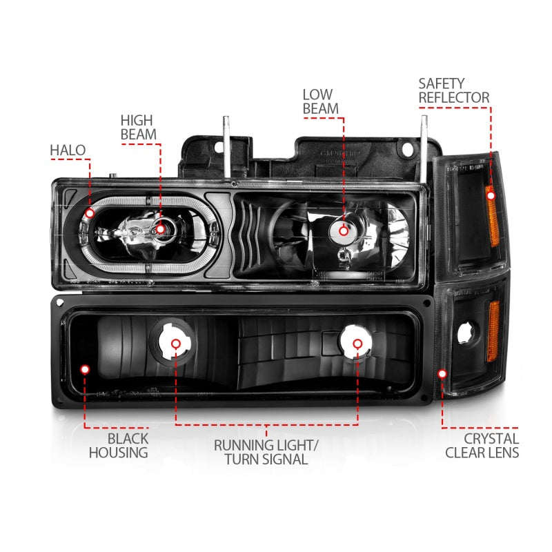 ANZO 88-98 Chevrolet C1500 Crystal Headlights Black Housing w/ Signal and Side Marker Lights - Mo-Moto