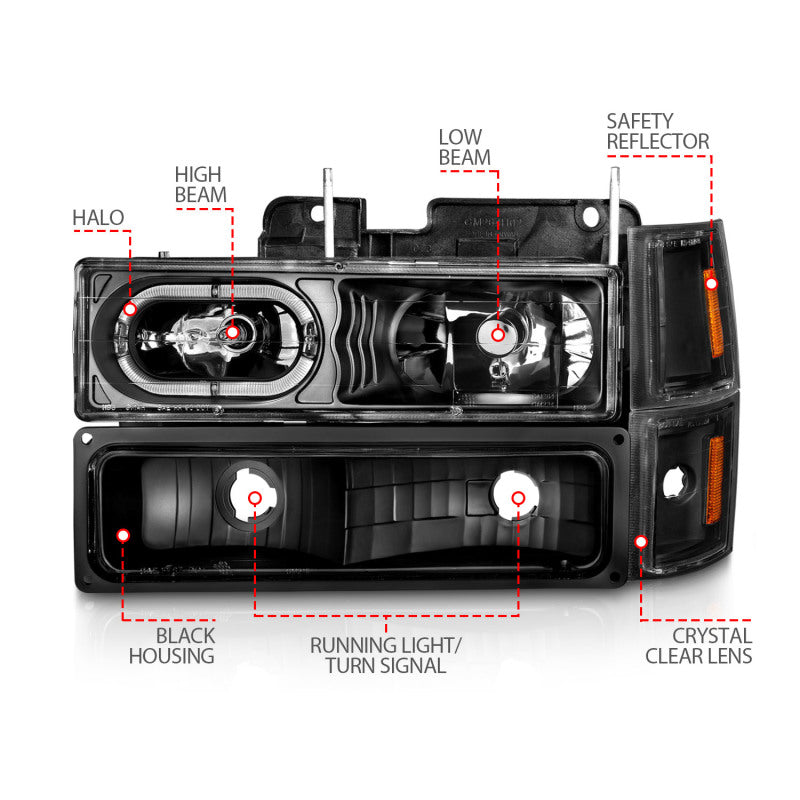 ANZO 88-98 Chevrolet C1500 Crystal Headlights Black Housing w/ Signal and Side Marker Lights - Mo-Moto