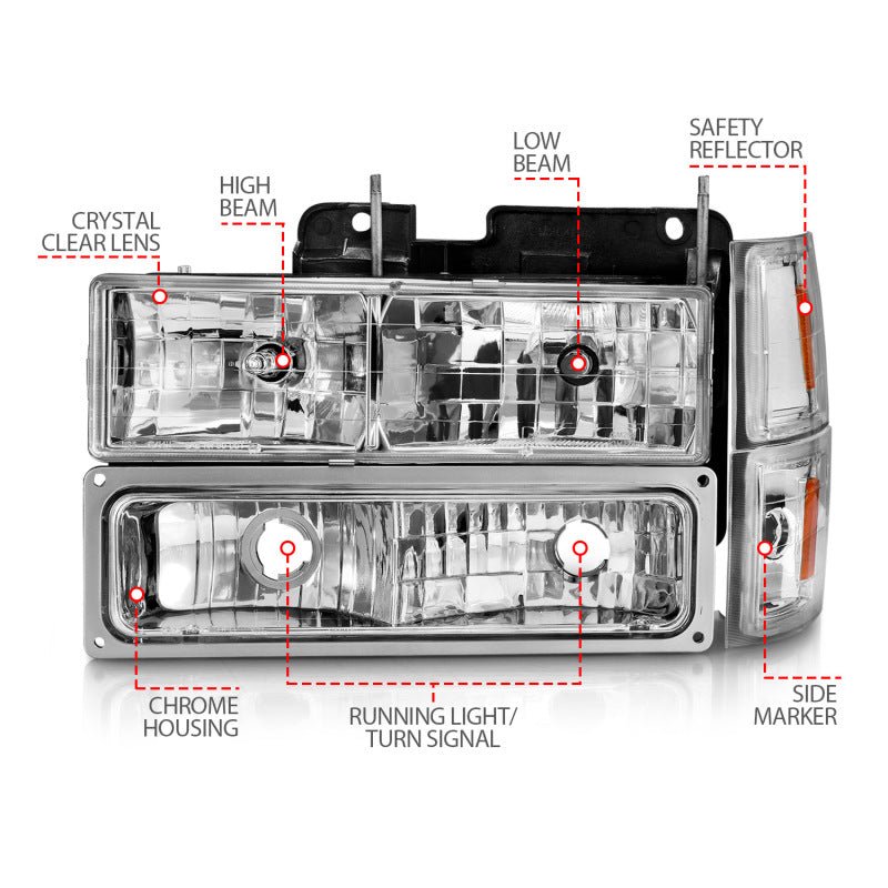 ANZO 88-98 Chevrolet C1500 Crystal Headlights Chrome w/ Signal and Side Marker Lights - Mo-Moto