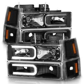 ANZO 88-98 Chevrolet C1500 Crystal Headlights w/ Light Bar Black Housing w/ Signal Side Markers 8Pcs - Mo-Moto