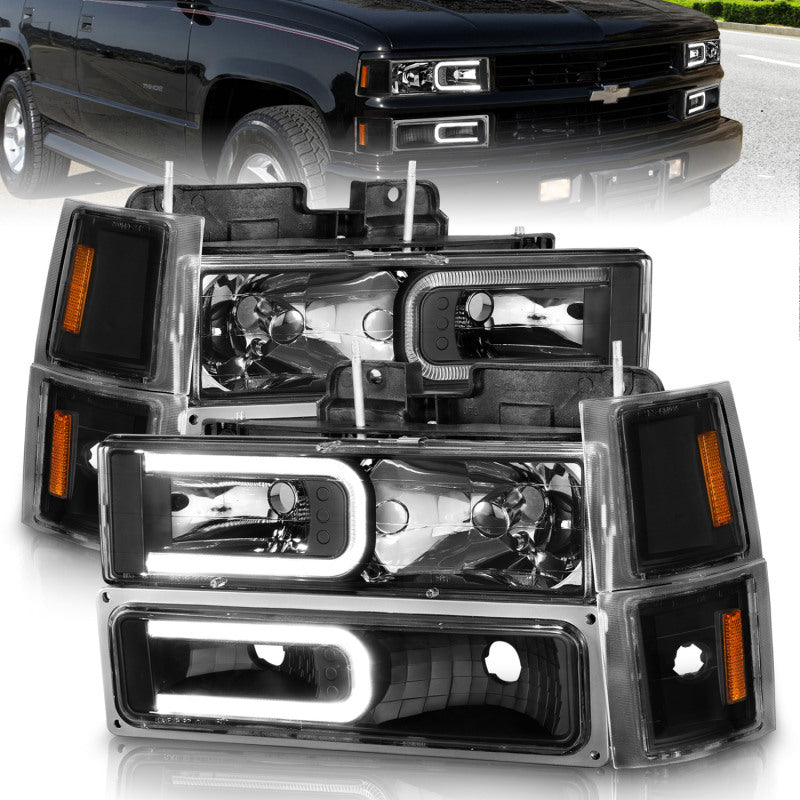 ANZO 88-98 Chevrolet C1500 Crystal Headlights w/ Light Bar Black Housing w/ Signal Side Markers 8Pcs - Mo-Moto