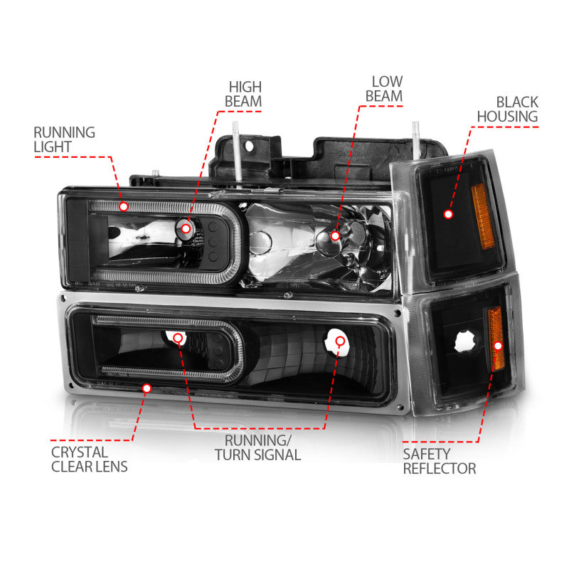 ANZO 88-98 Chevrolet C1500 Crystal Headlights w/ Light Bar Black Housing w/ Signal Side Markers 8Pcs - Mo-Moto