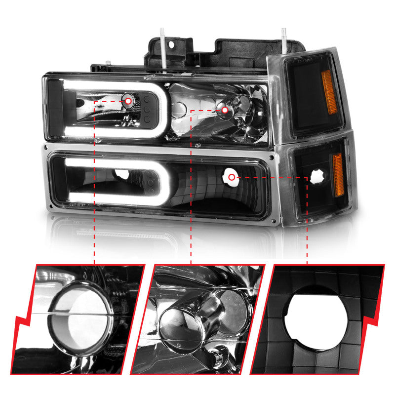 ANZO 88-98 Chevrolet C1500 Crystal Headlights w/ Light Bar Black Housing w/ Signal Side Markers 8Pcs - Mo-Moto