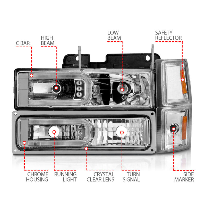 ANZO 88-98 Chevrolet C1500 Crystal Headlights w/Light Bar Chrome Housing w/ Signal Side Markers 8Pcs - Mo-Moto