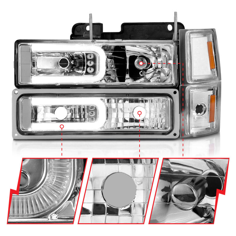 ANZO 88-98 Chevrolet C1500 Crystal Headlights w/Light Bar Chrome Housing w/ Signal Side Markers 8Pcs - Mo-Moto