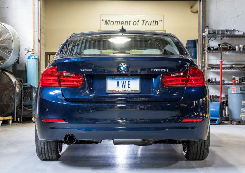 AWE Tuning 13-18 BMW 320i (F30) Touring Edition Exhaust w/ Performance Mid Pipe - Diamond Blk Tips - Mo-Moto