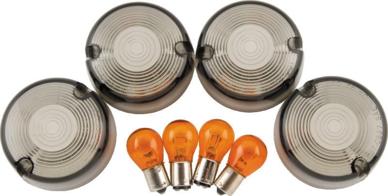 Bikers Choice 86-99 FXST 86-01 FXD FXR XL Smoked Turn Signal Lens & Amber Bulb Kit Repl H-D 69306-02 - Mo-Moto